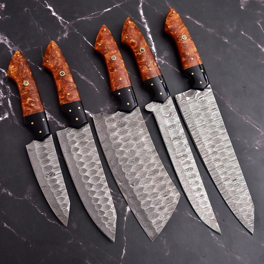 Premium 5 pieces handmade Damascus chef knife set featuring durable resin handles.