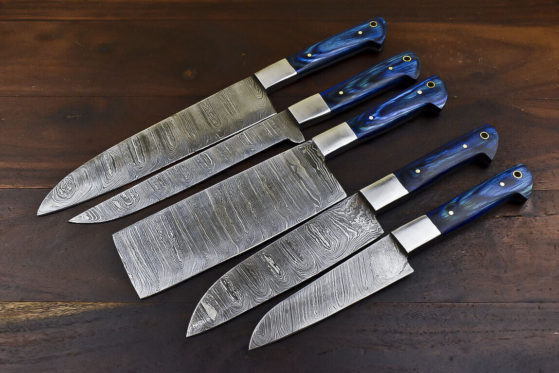 Durable fixed blade Damascus kitchen knife from a 5 piece professional chef set.