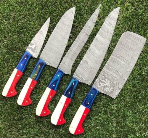 Handmade 5 pieces Damascus steel kitchen knife set with unique wood and bone handles and leather sheaths.
