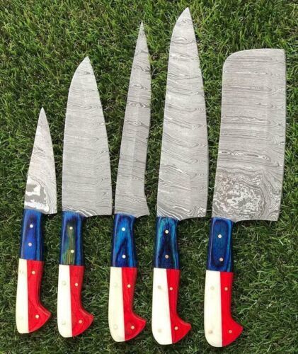 Detail view of premium handcrafted wood and bone knife handles on a custom Damascus steel kitchen set.