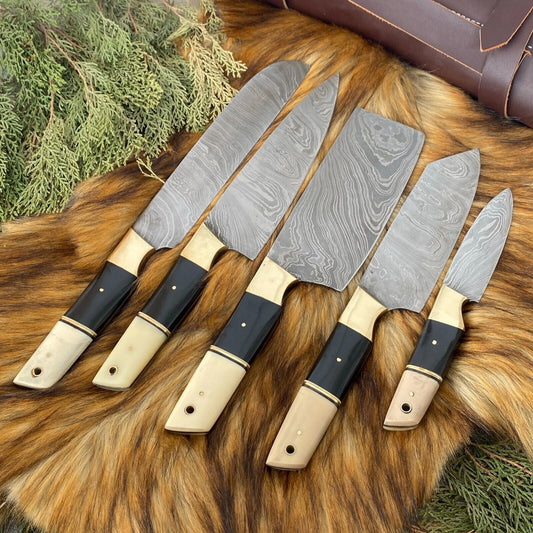 Handcrafted 5 pieces custom kitchen knife set with black coated steel blades and authentic bone and horn handles.