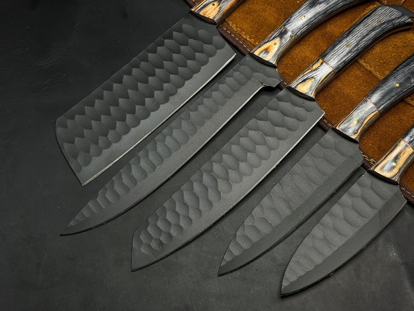 Professional full tang carbon steel chef knife with ergonomic wood handle for precision kitchen tasks.