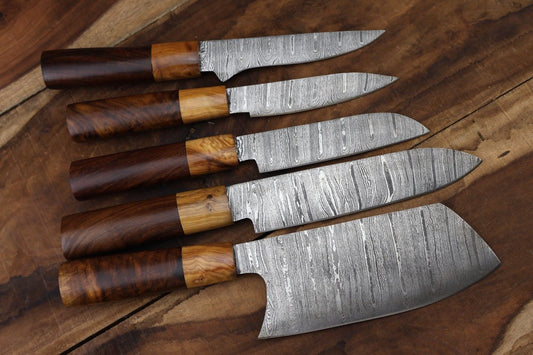 Hand forged 5 pieces Damascus steel chef knife set with premium natural olive wood handles, complete with individual leather sheaths.