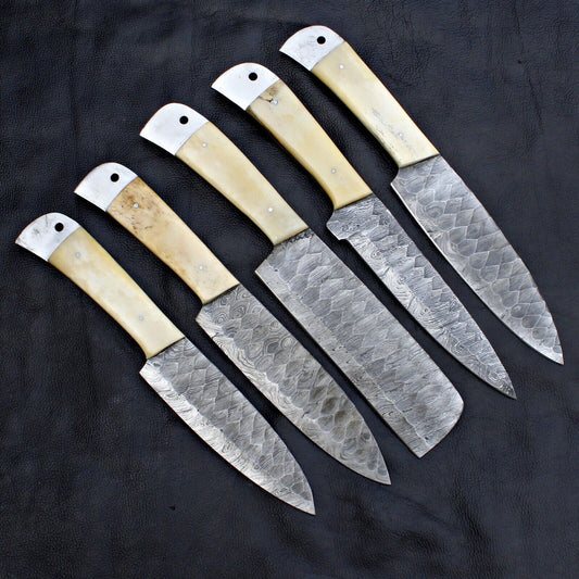 5 pieces custom hand forged Damascus steel kitchen chef set featuring full tang blades.