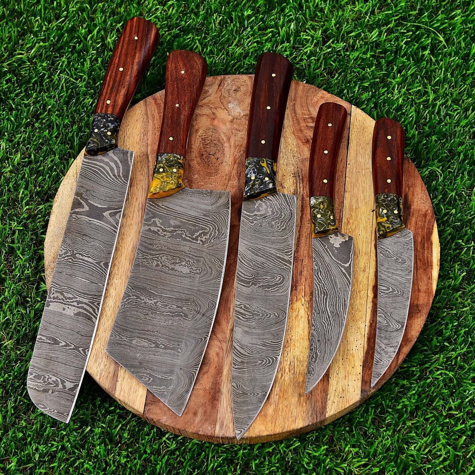 Hand forged 5 pieces Damascus steel chef knife set featuring modern wood and acrylic handles, complete with a protective leather sheath.