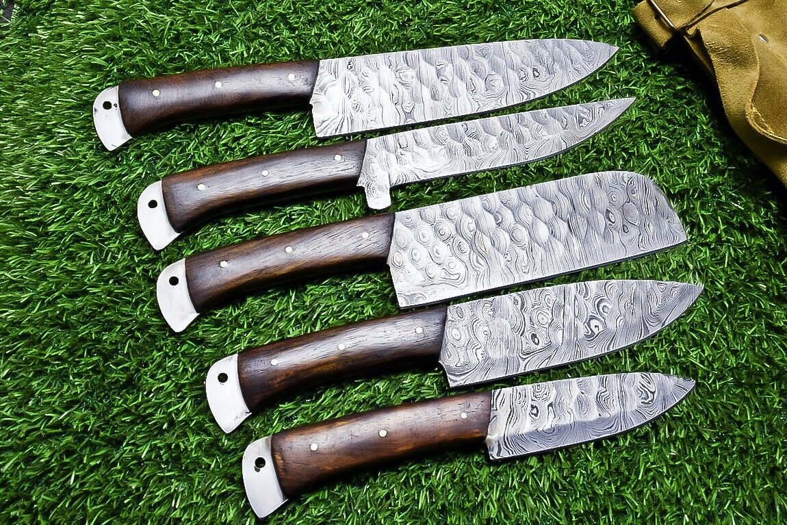 5 pieces custom Damascus kitchen knife set with natural wood handles and hand forged 384 layer steel blades.