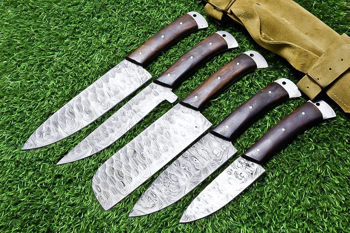 5 pieces custom Damascus kitchen knife set with natural wood handles and hand forged 384 layer steel blades.