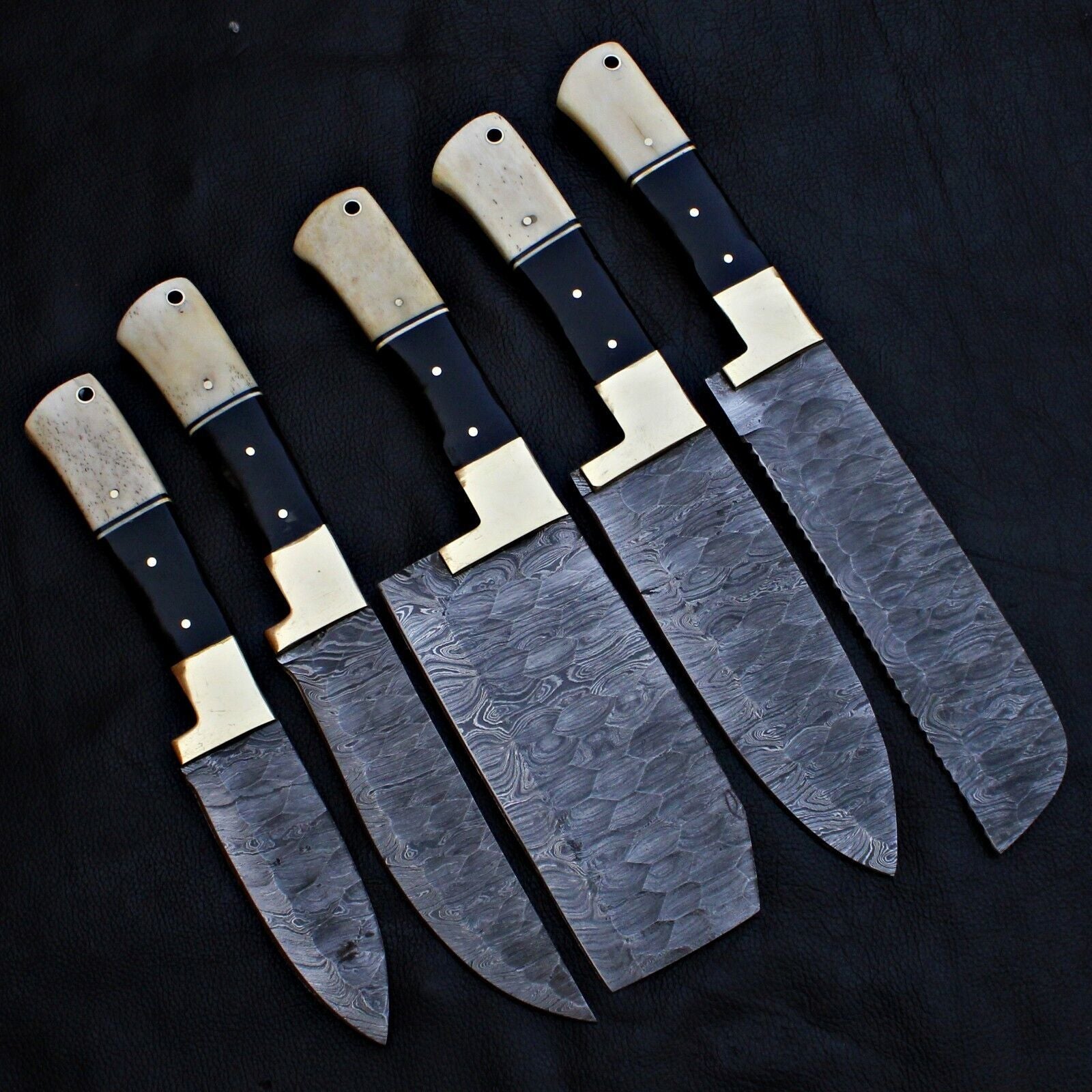 5 Pieces custom hand forged Damascus steel kitchen chef set featuring full tang blades.