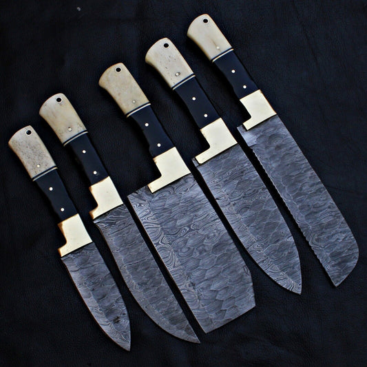 5 Pieces custom hand forged Damascus steel kitchen chef set featuring full tang blades.