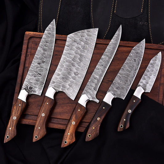 Handmade 5 piece Damascus steel kitchen knife set featuring premium rosewood handles, mosaic pins, and leather sheaths.