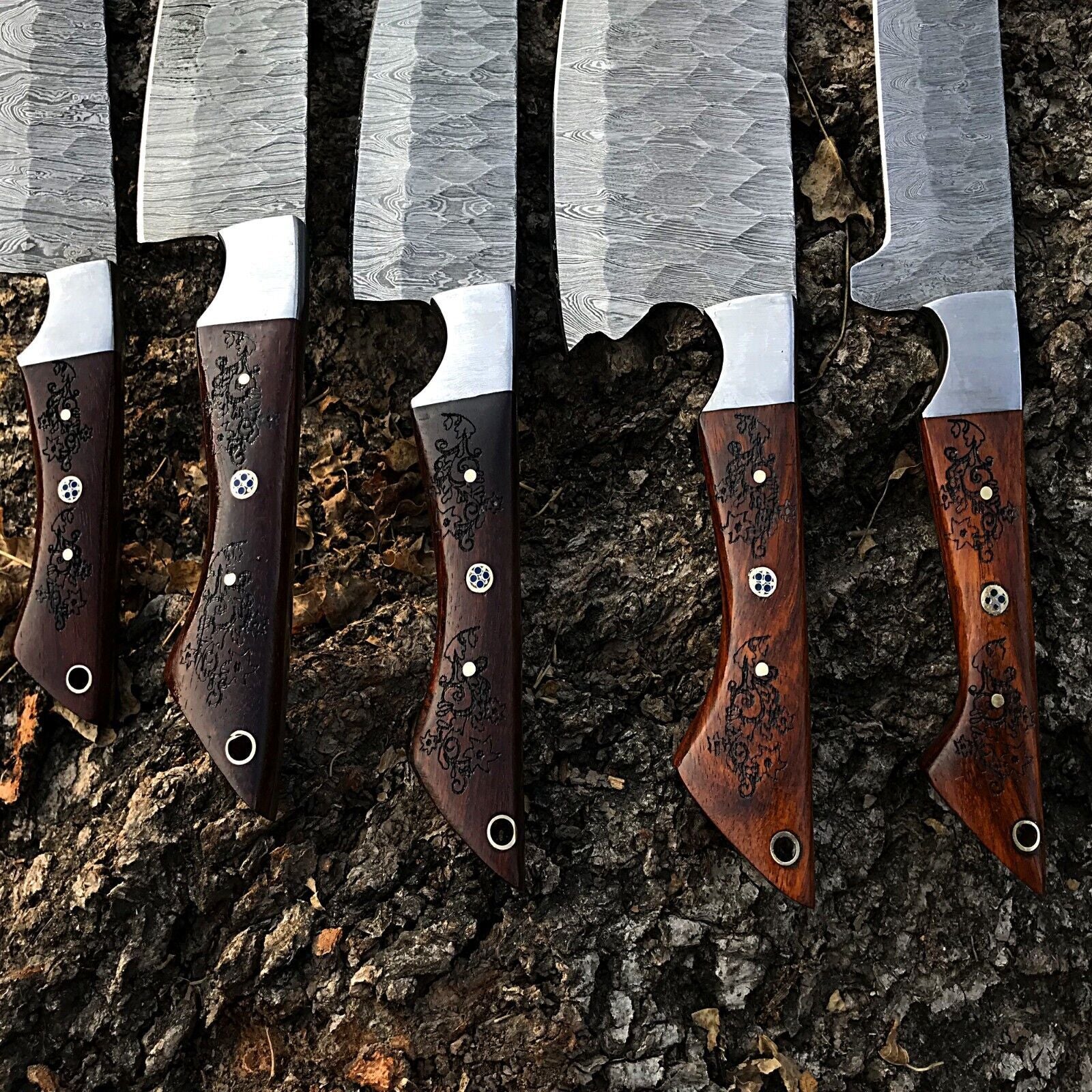 Professional Damascus steel kitchen knife with custom textured handle showing expert craftsmanship.