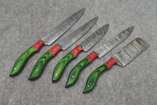 Handmade 5 pieces Damascus steel chef knife set featuring unique natural wood grain handles and leather sheath storage.