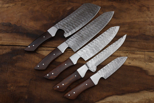 Hand forged 5 pieces Damascus steel chef knife set with natural hardwood handles, brass mosaic pins, and custom leather sheaths.
