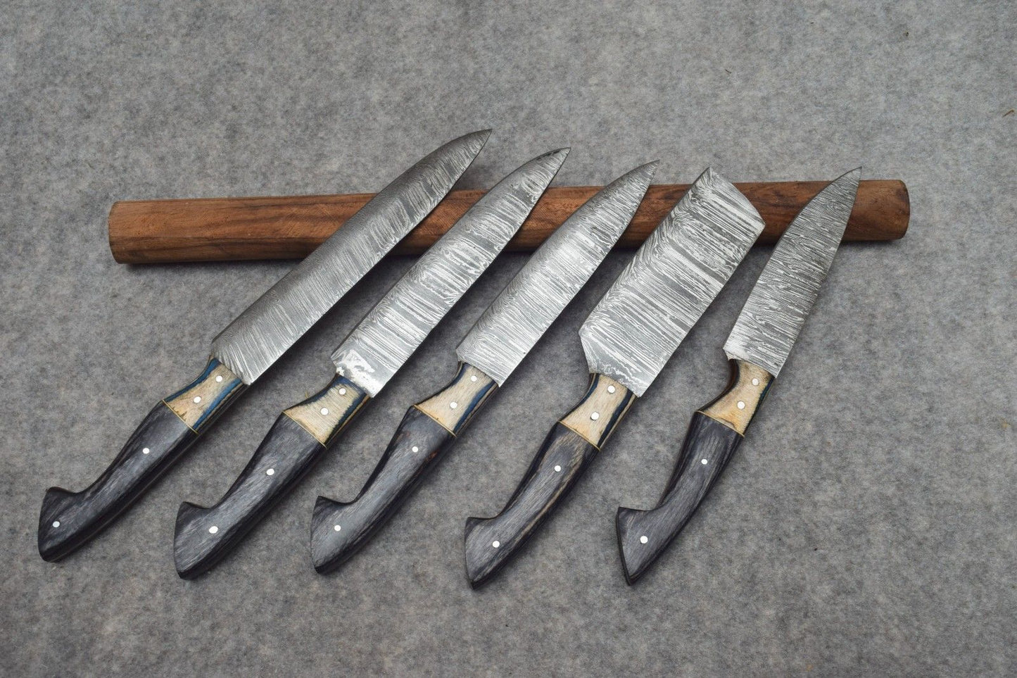 Complete 5 pieces handmade Damascus kitchen knife collection, varying from 8 to 12 inches for versatile culinary tasks. 