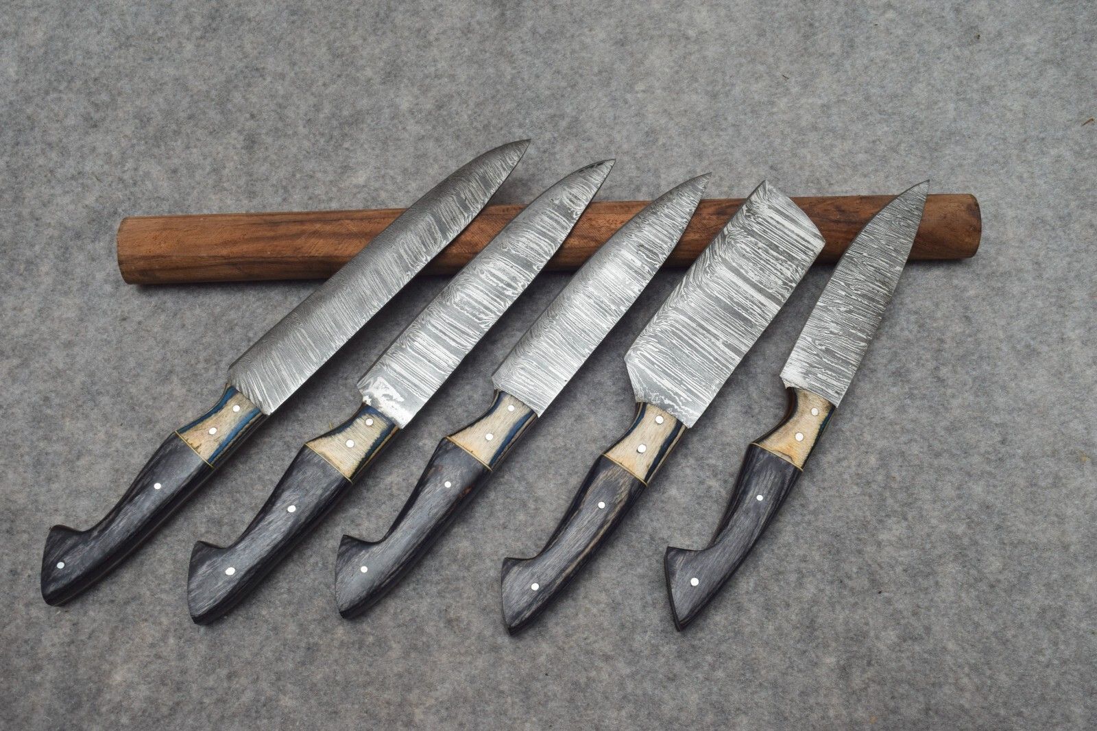 Complete 5 pieces handmade Damascus kitchen knife collection, varying from 8 to 12 inches for versatile culinary tasks. 