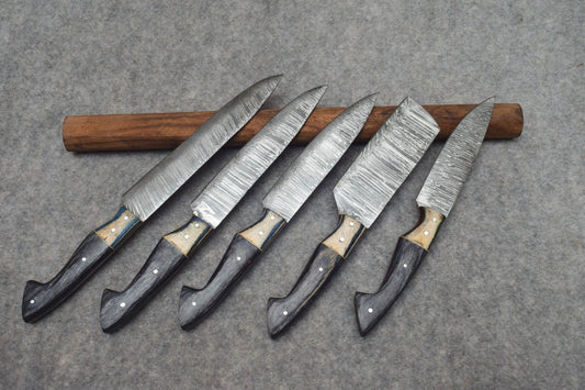 Complete 5 pieces handmade Damascus kitchen knife collection, varying from 8 to 12 inches for versatile culinary tasks. 