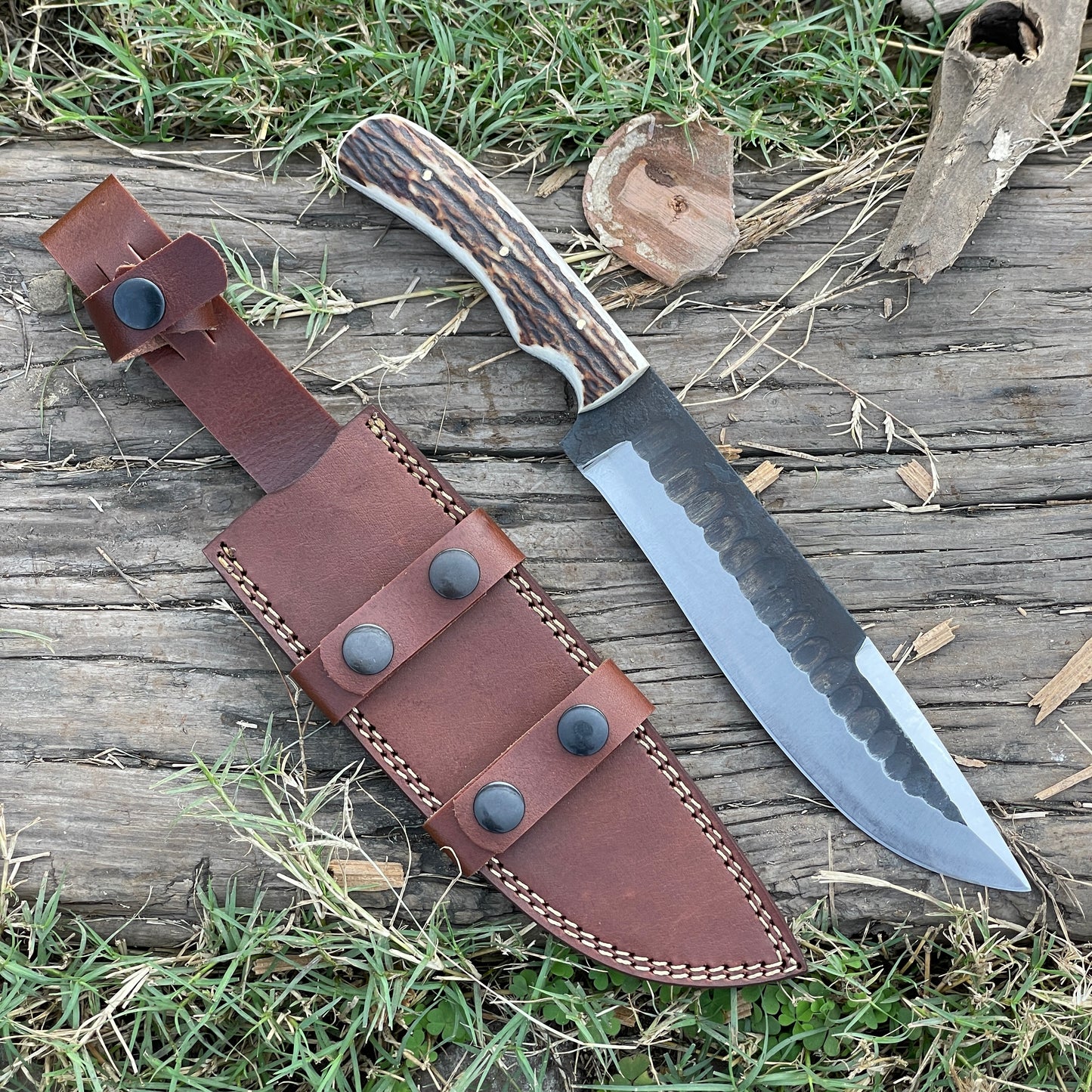 Custom 13" Crown Stag Bowie Knife, Premium Fixed Blade Hunting Knife