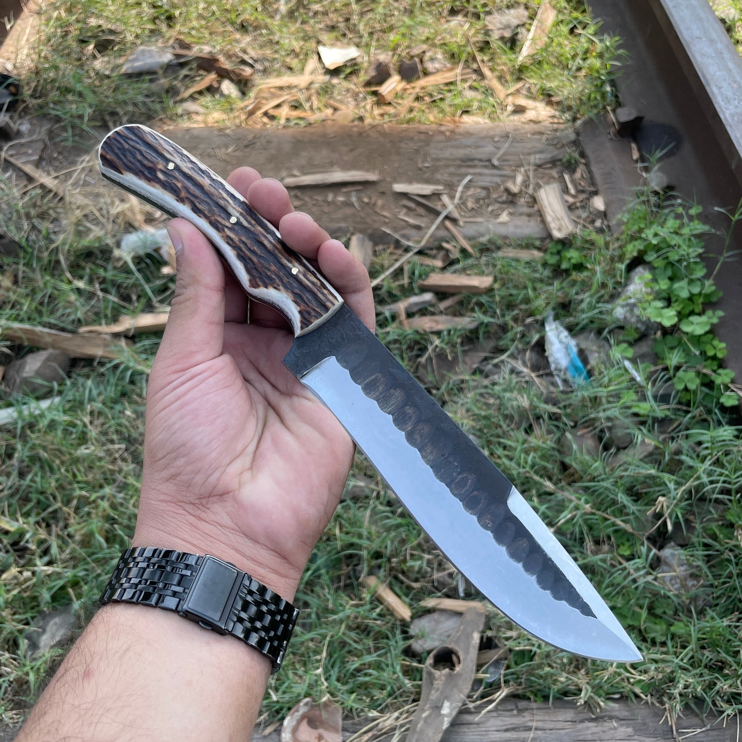 Custom 13" Crown Stag Bowie Knife, Premium Fixed Blade Hunting Knife
