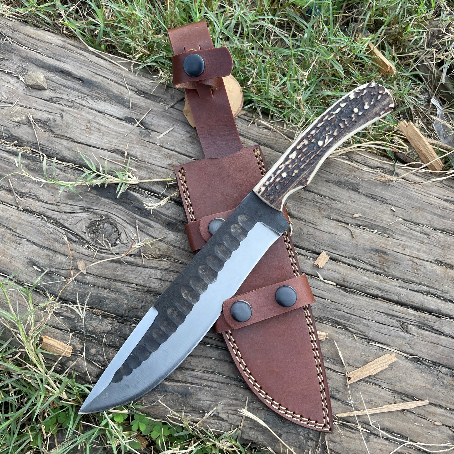 Custom 13" Crown Stag Bowie Knife, Premium Fixed Blade Hunting Knife