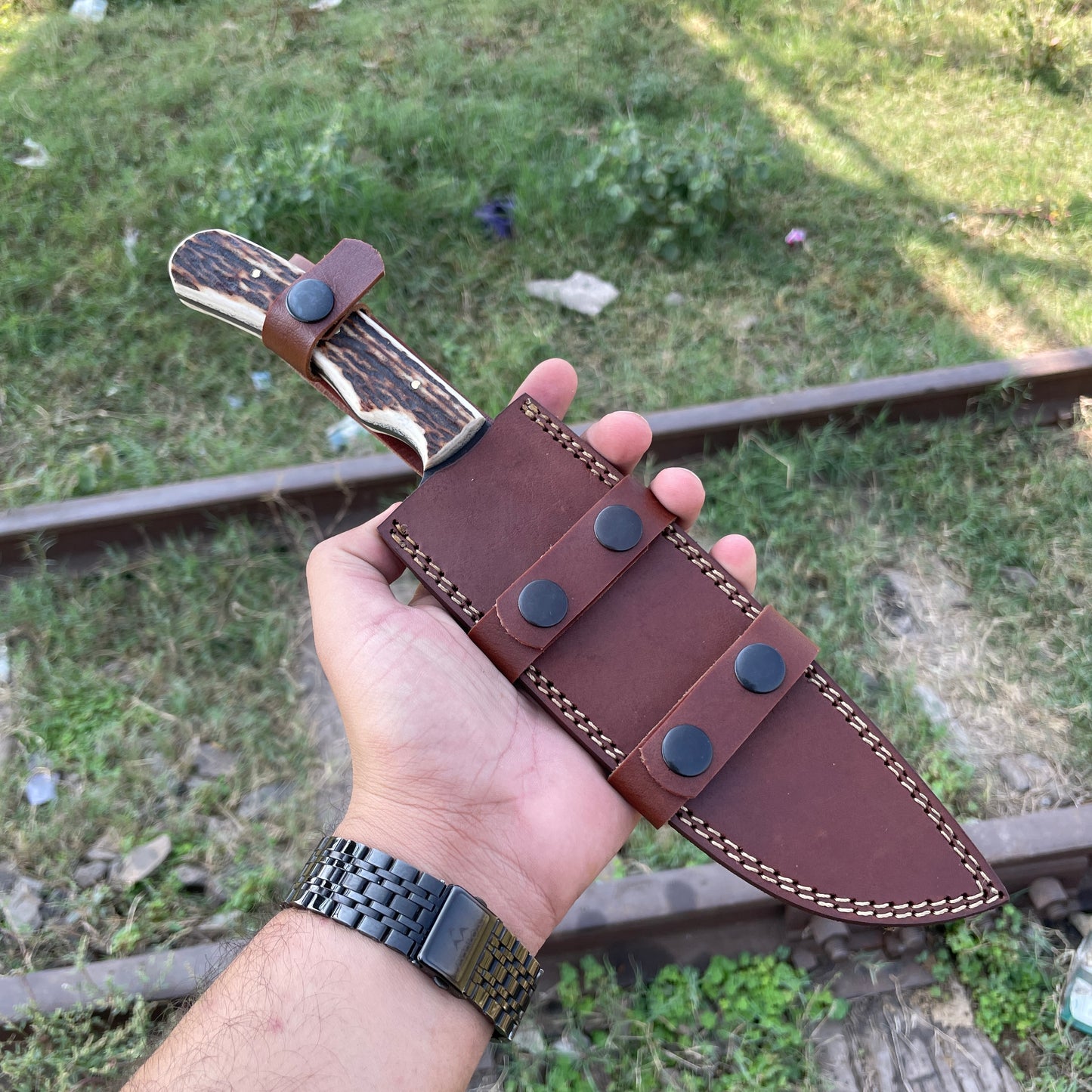 Custom 13" Crown Stag Bowie Knife, Premium Fixed Blade Hunting Knife