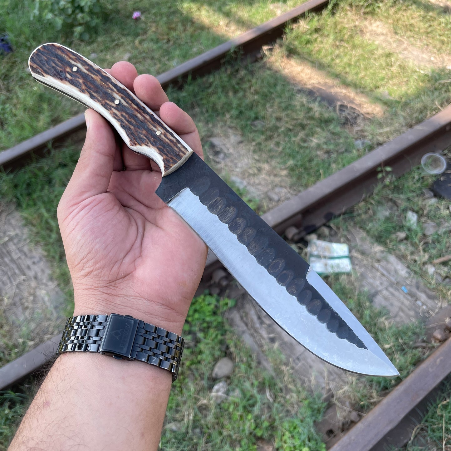 Custom 13" Crown Stag Bowie Knife, Premium Fixed Blade Hunting Knife