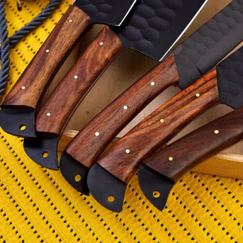 Close up view of 5 pcs chef knife handles made of premium pakka wood arranged neatly