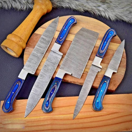 5 piece Damascus steel knife collection including a broad cleaver and precision blades