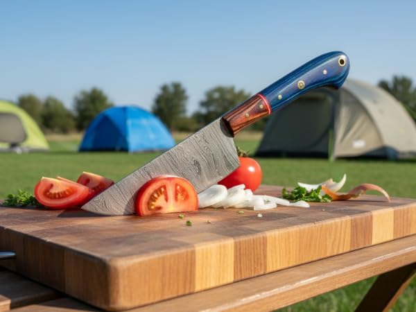 Damascus chef knife with a blue wood handle slicing tomato on a camping table