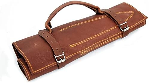 Closed brown leather knife roll case with a carry strap and buckle closures