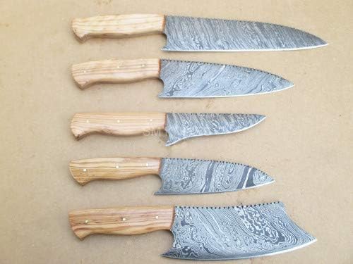 5 piece Damascus knife set with wood handles vertical
