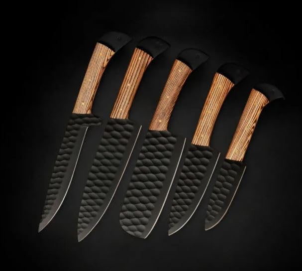 Five black kitchen knives with striped ashwood handles on a dark background