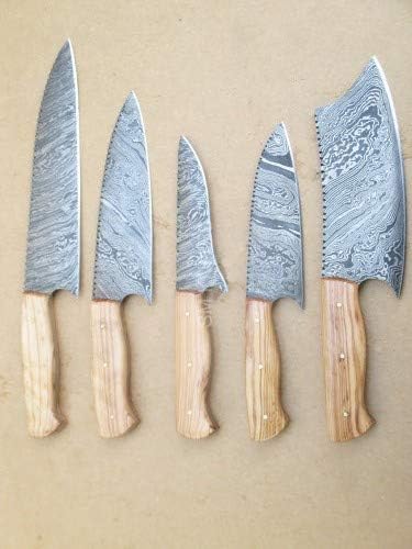 5 piece Damascus knife set with wood handles horizontal