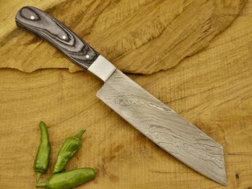 Close up of Damascus santoku knife with pakka wood handle
