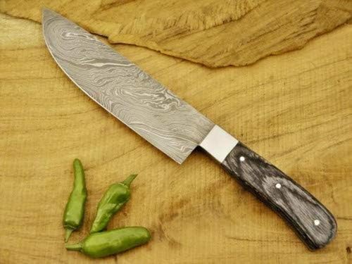 Close up of Damascus utility knife with pakka wood handle