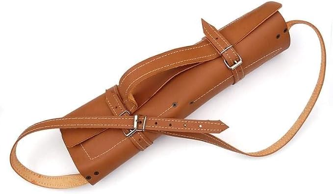 Closed tan leather roll case with buckle straps