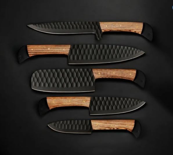 Black kitchen knife set showing cleaver, chef and santoku blade profiles