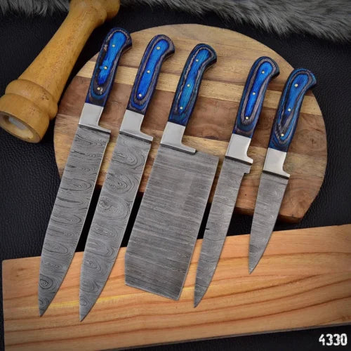 Hand forged 5 piece Damascus steel kitchen knife set featuring blue wood handles