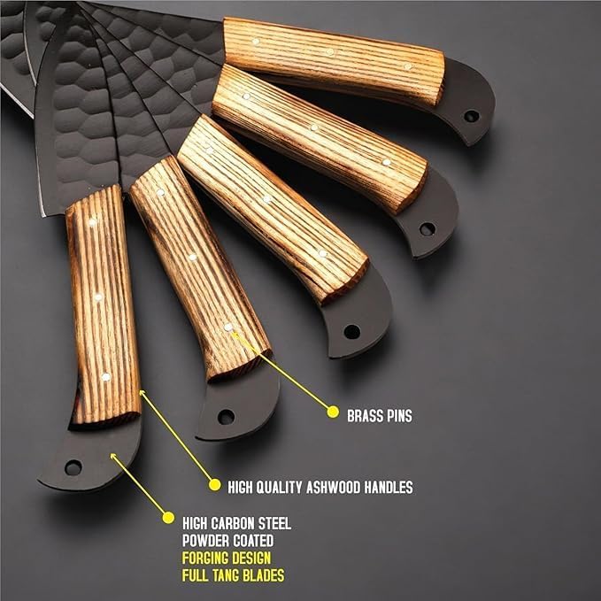 Labelled handle detail showing brass pins, ashwood scales and full tang blades
