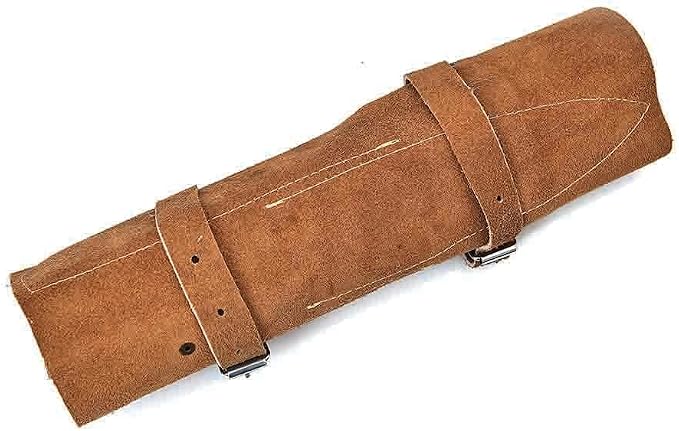 Closed tan leather roll case for a Damascus knife set