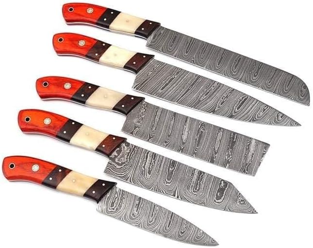Damascus Steel Chef Knife Set of five blades showing the flowing forged pattern and matching striped handles