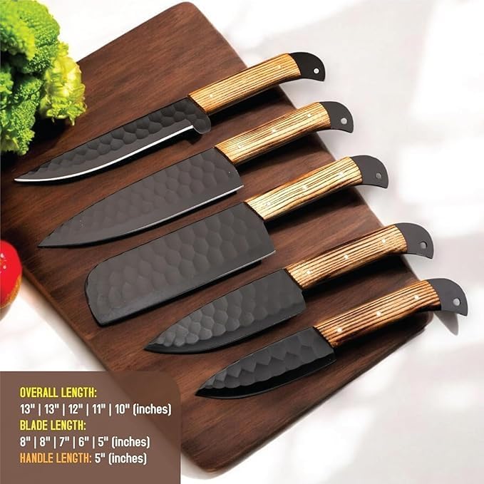 Knife set size chart, overall lengths 13 to 10 inches and blades 8 to 5 inches