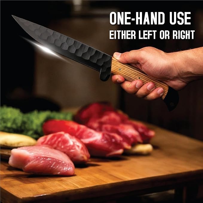 Black chef knife with an ashwood handle held over raw chicken on a board