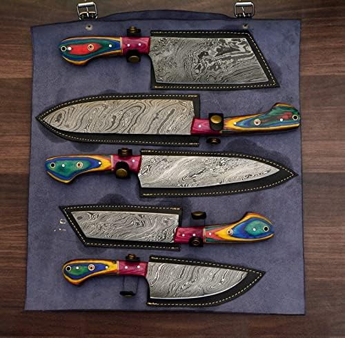 Close up of Damascus steel knives with leather sheaths and rainbow acrylic handles
