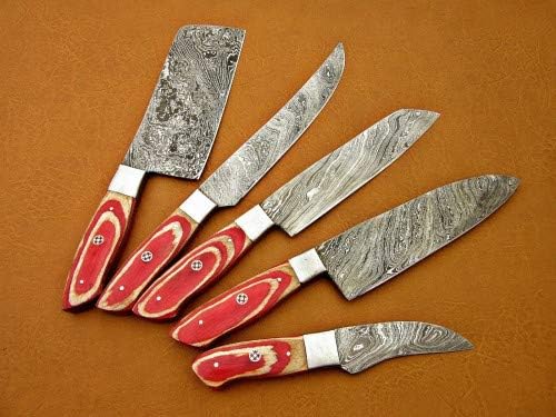 5 piece knife set with red and tan handles blade edges up