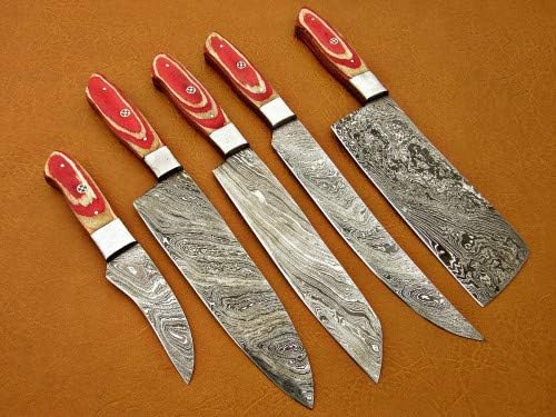 5 piece knife set with red and tan wood grain handles