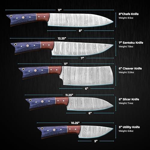 Size chart listing blade lengths for the 5 knives in this Damascus set