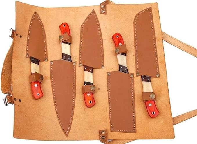 Damascus Steel Chef Knife Set stored open in a leather roll with five fitted blade covers and snap handle straps