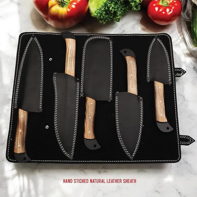 Open black leather knife roll with five kitchen knives in stitched sheaths