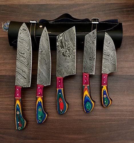 5 Pieces Damascus Steel Chef Knife Set with rainbow acrylic handles on a black leather roll