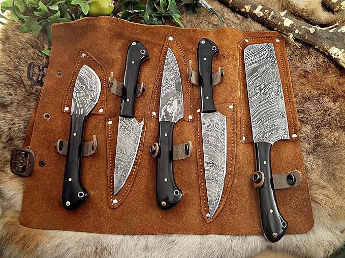 Damascus steel chef knife with wood handle and patterned blade